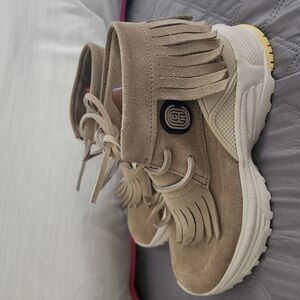 Beige Suede Fringe Sneakers